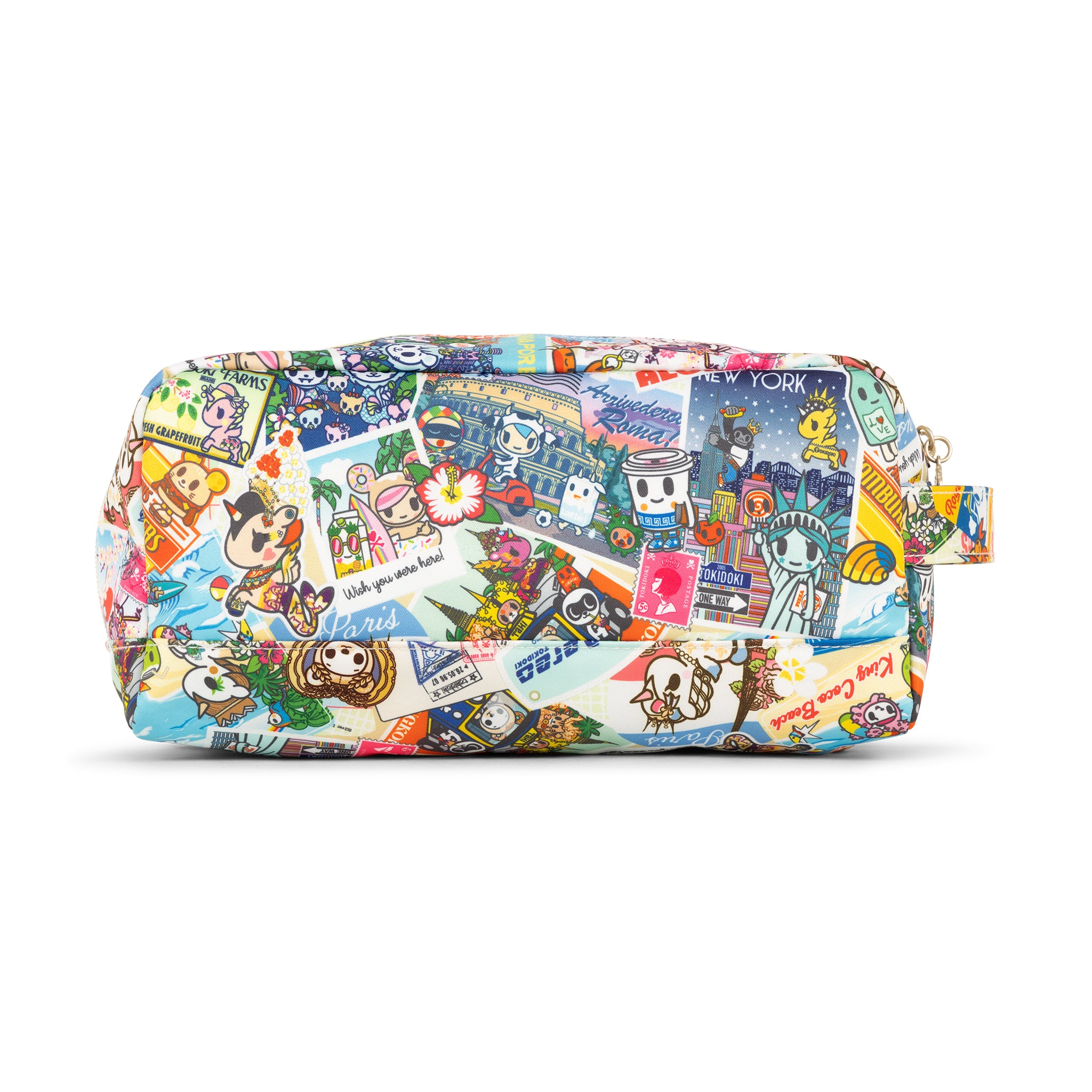 Multicolor Postcards with tokidoki characters traveling Be Dapper Toiletry Bag Back View