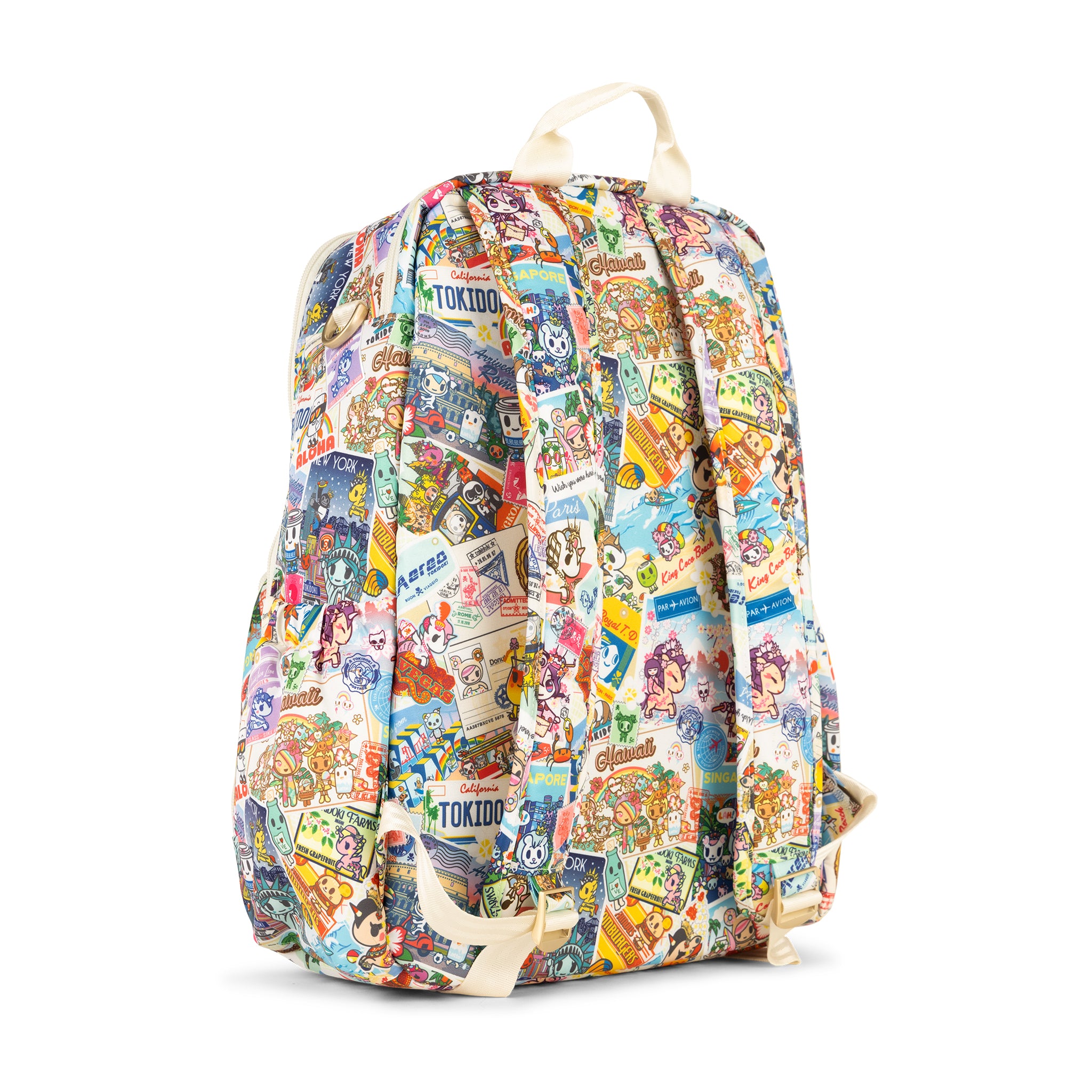 Multicolor Postcards with tokidoki characters traveling Zealous Backpack Back Angle View
