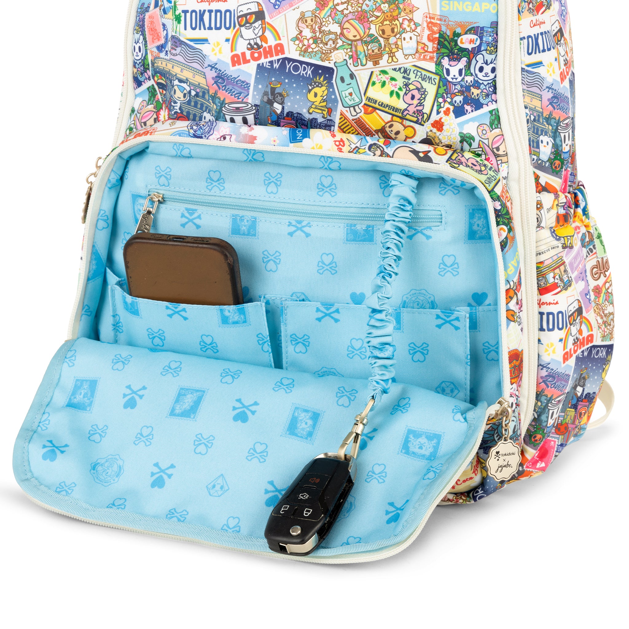 Multicolor Postcards with tokidoki characters traveling Zealous Backpack Mommy Pocket Detail View