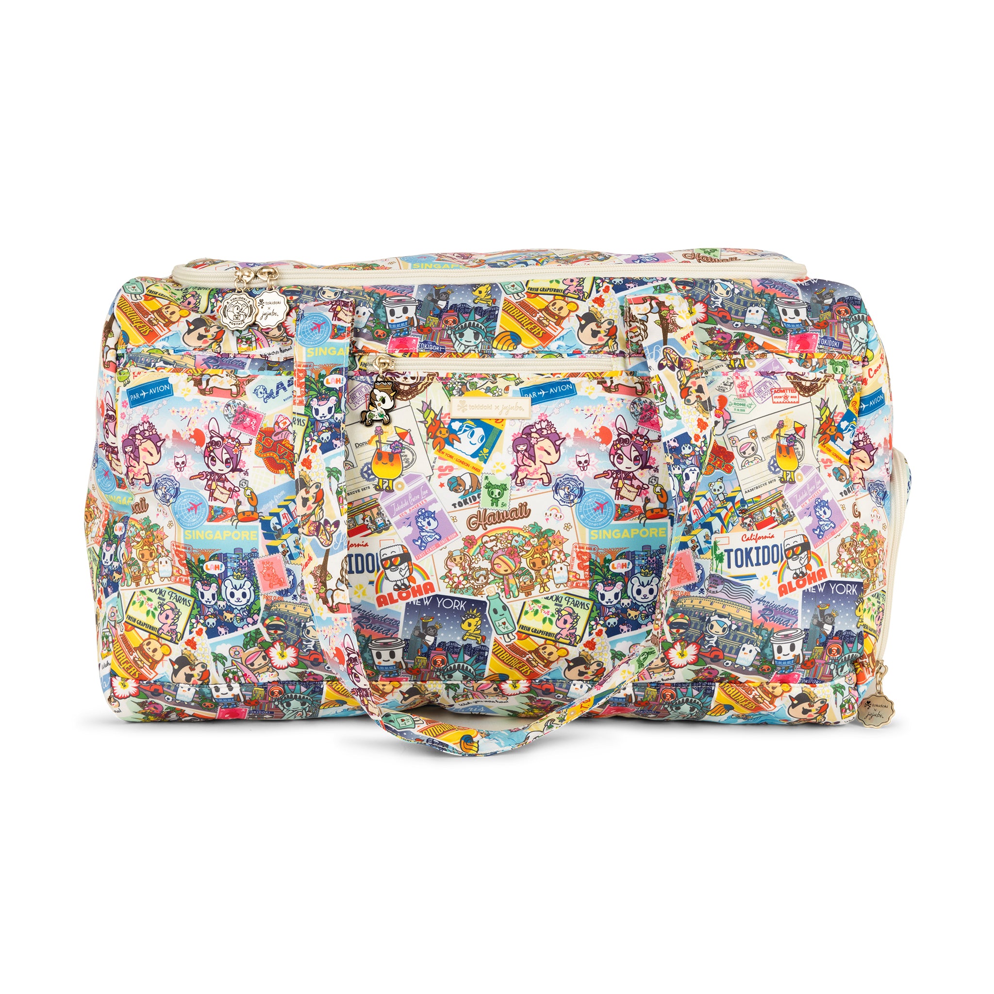 Multicolor Postcards with tokidoki characters traveling Super Star Duffle Bag Front View