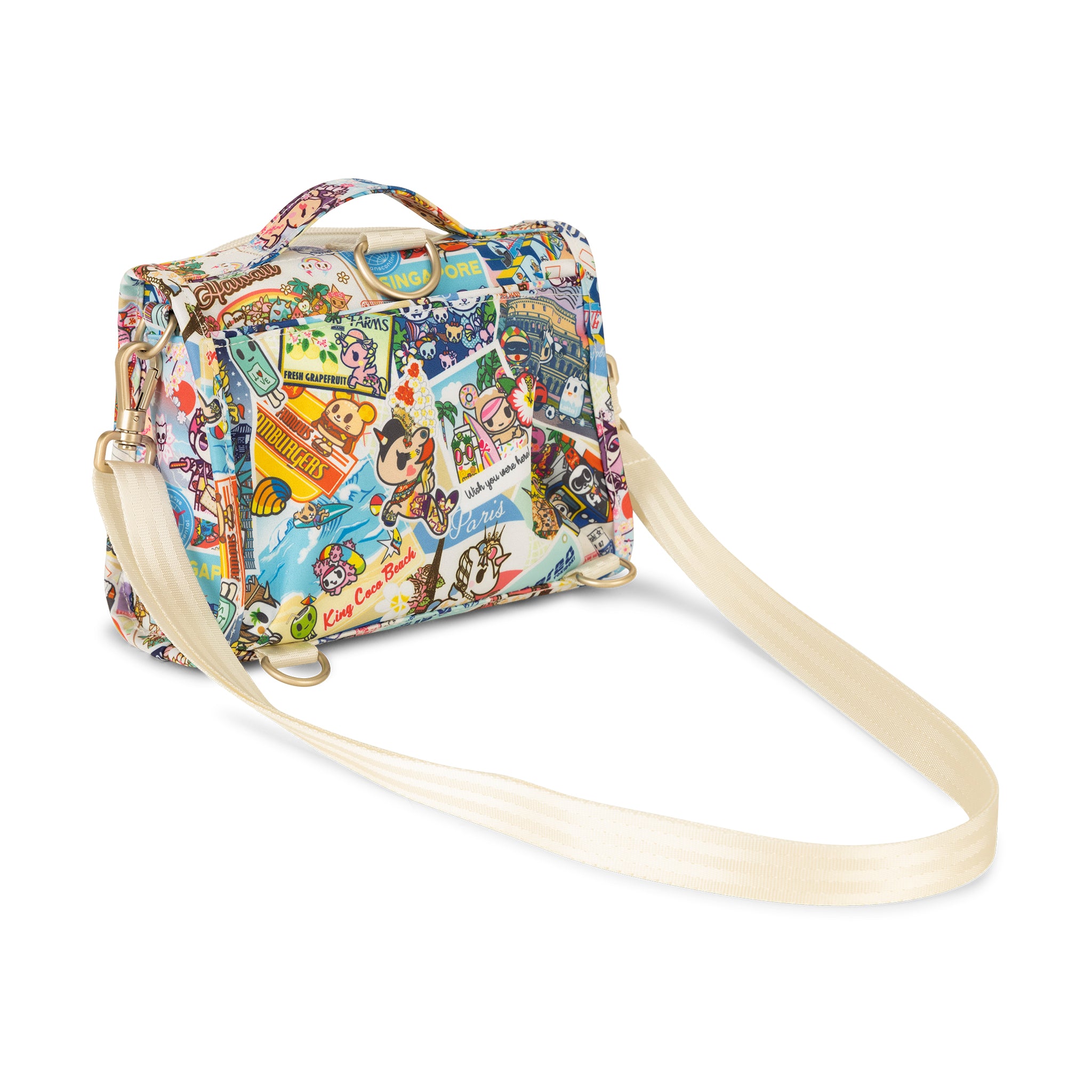 Multicolor Postcards with tokidoki characters traveling Mini B.F.F Crossbody Bag Back View with Strap