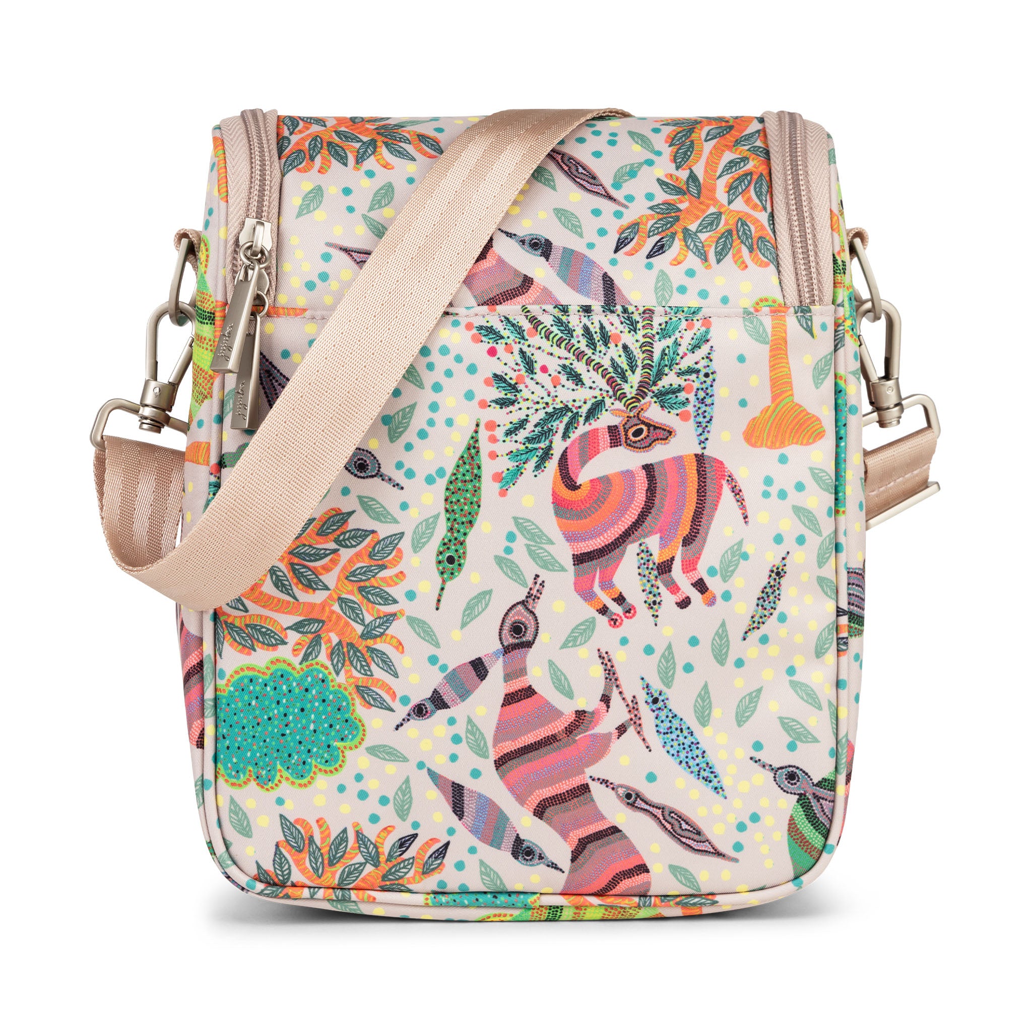 Multicolor Animals, Birds and Trees on a Taupe Background Be Cool Back View with Strap