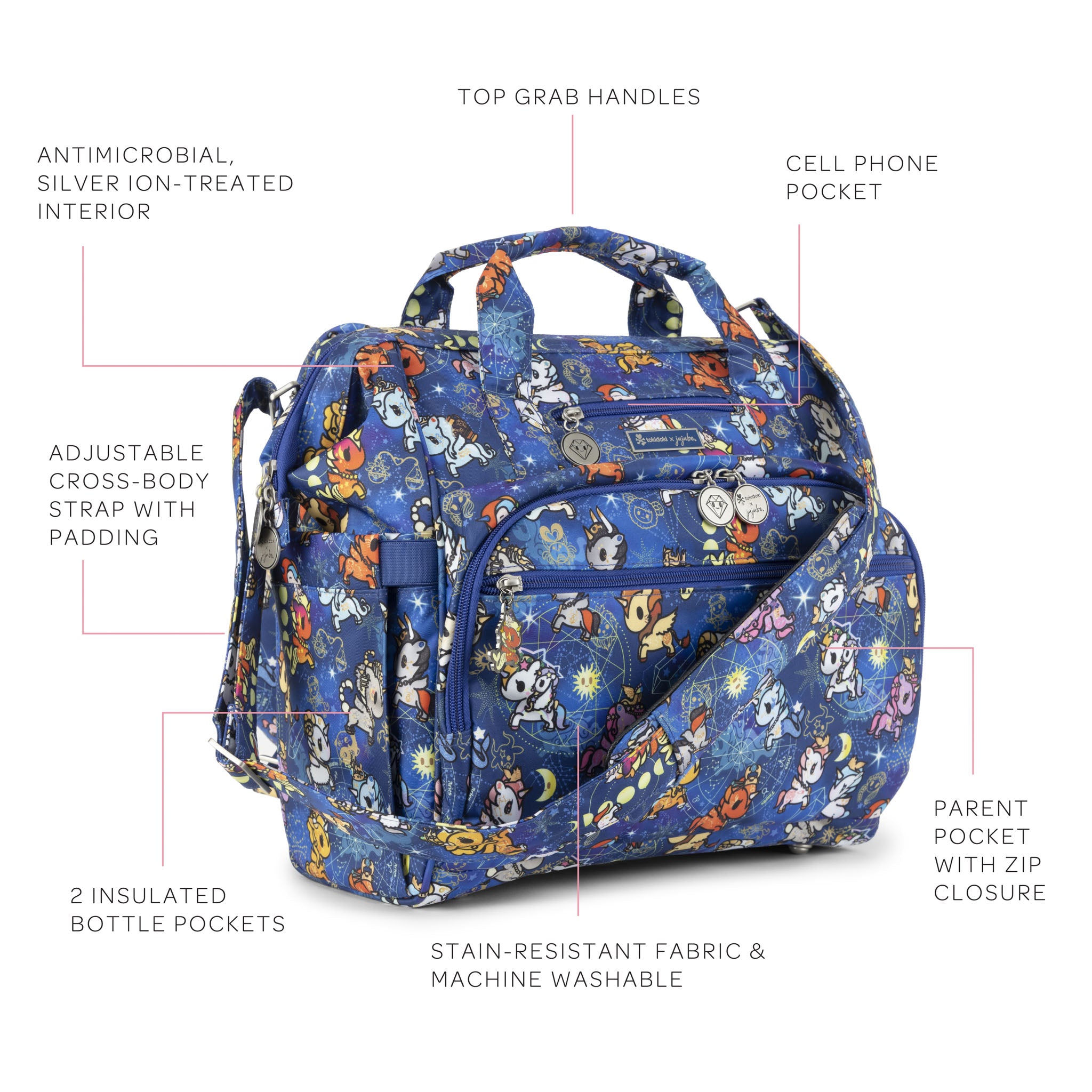 This image showcases the specs and features of the Dr. B.F.F. diaper bag, which features the colorful design of Kawaii Princess Warriors against a gradient blue background.