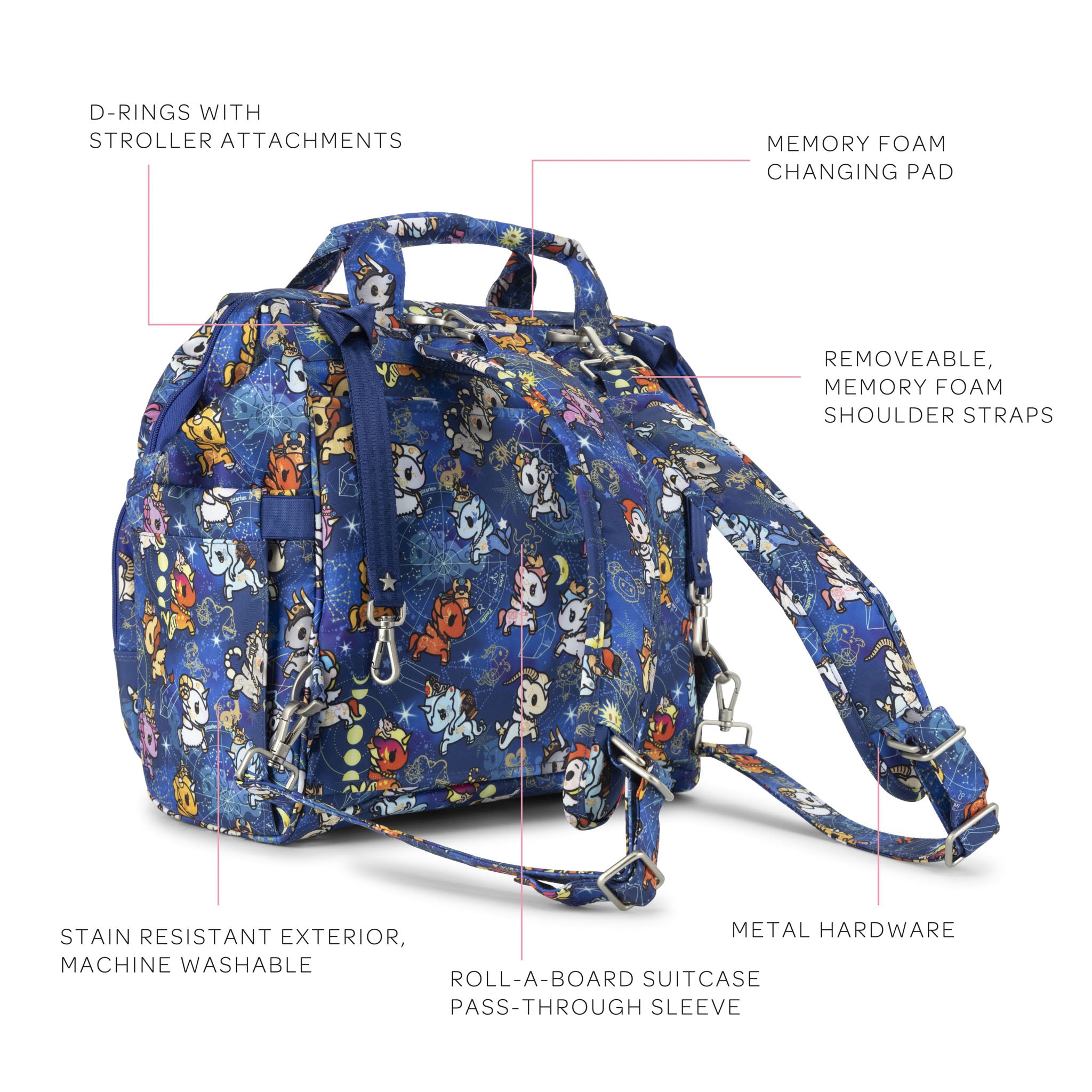 This image showcases the specs and features of the Dr. B.F.F. diaper bag, which features the colorful design of Kawaii Princess Warriors against a gradient blue background.